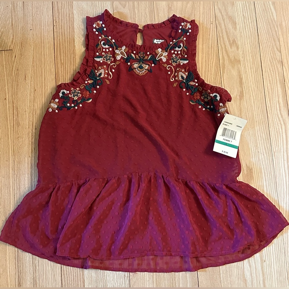 Women’s Sleeveless Maroon Embroidered Dress Top, NWT, Size L